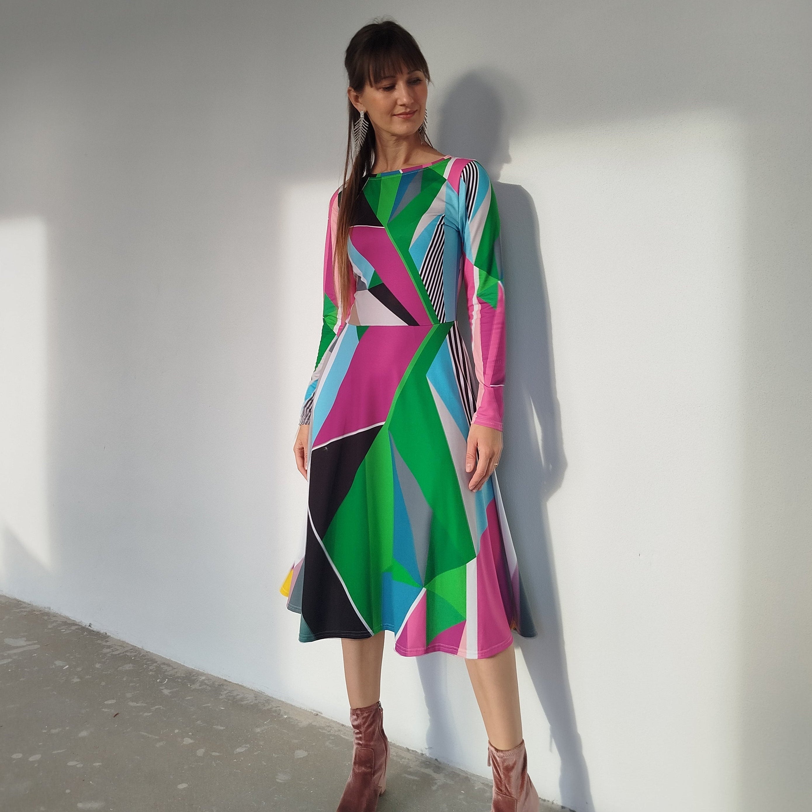 multi colored midi dress Green Geometric | Multicolored long sleeve Dress with pockets Size:4 US Men (3 AU/UK) Imported and designed for Custom Bling Order SHEIN EZwear Plus Size