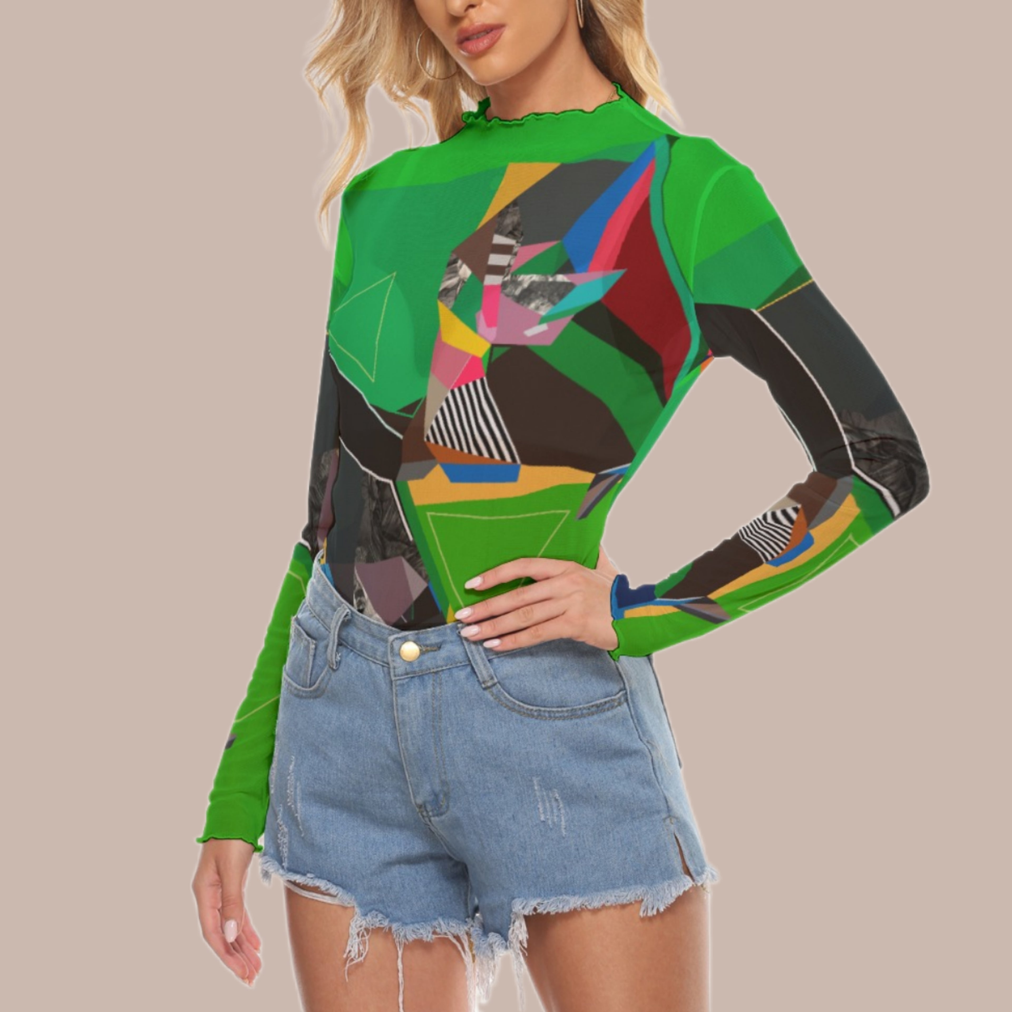 Green Sheer Mesh Top | Colorful All-Over Print Mesh Blouse for Women | Elegant Abstract Top