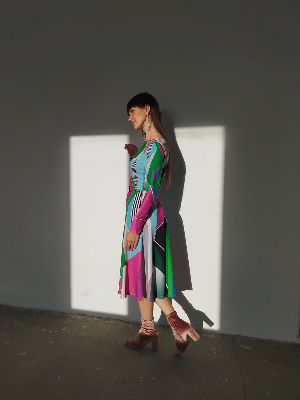 Green Geometric Dress | Multicolored long sleeve midi dress with pockets | Colorful Party Dress