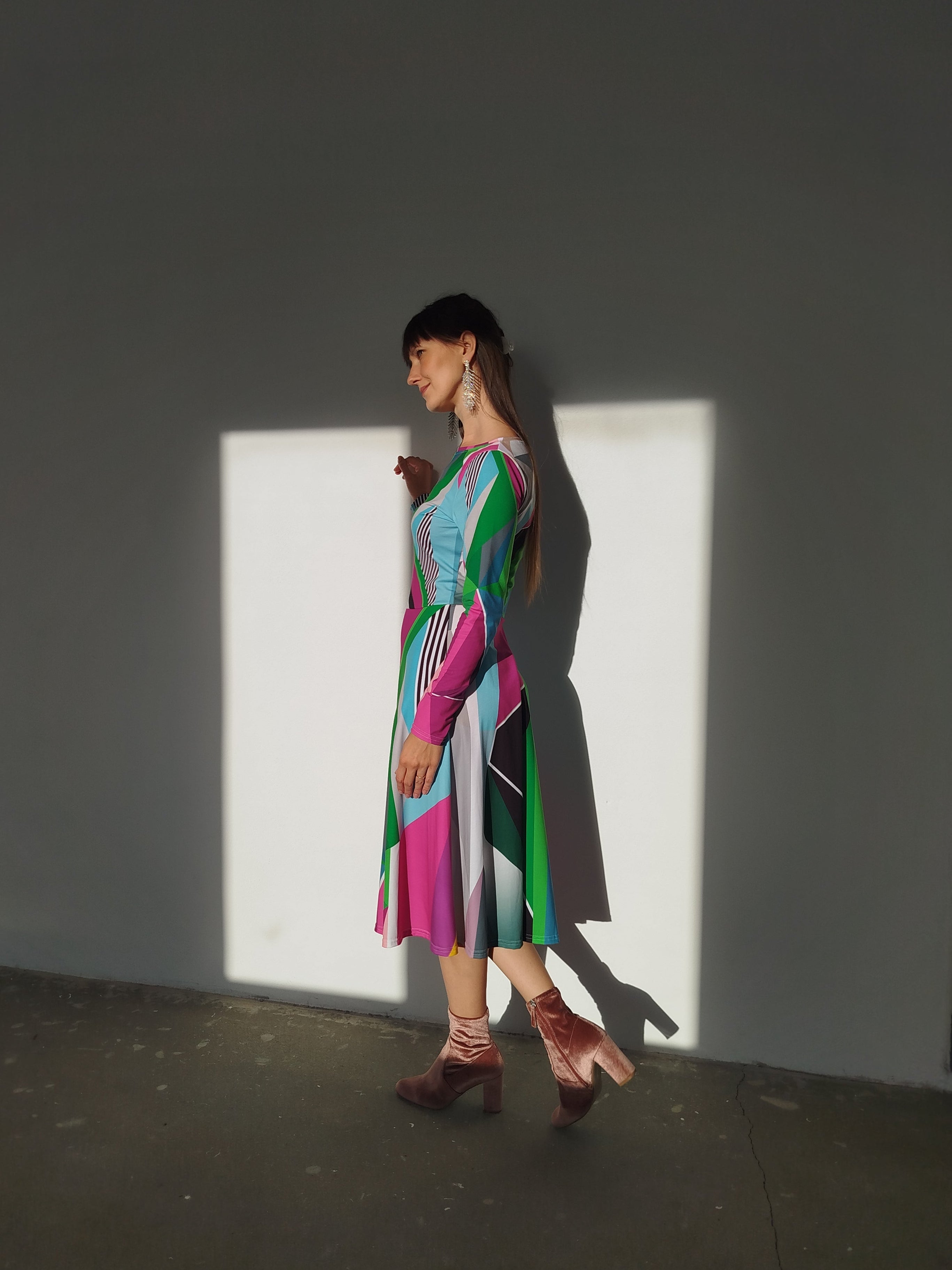 Green Geometric Dress | Multicolored long sleeve midi dress with pockets | Colorful Party Dress
