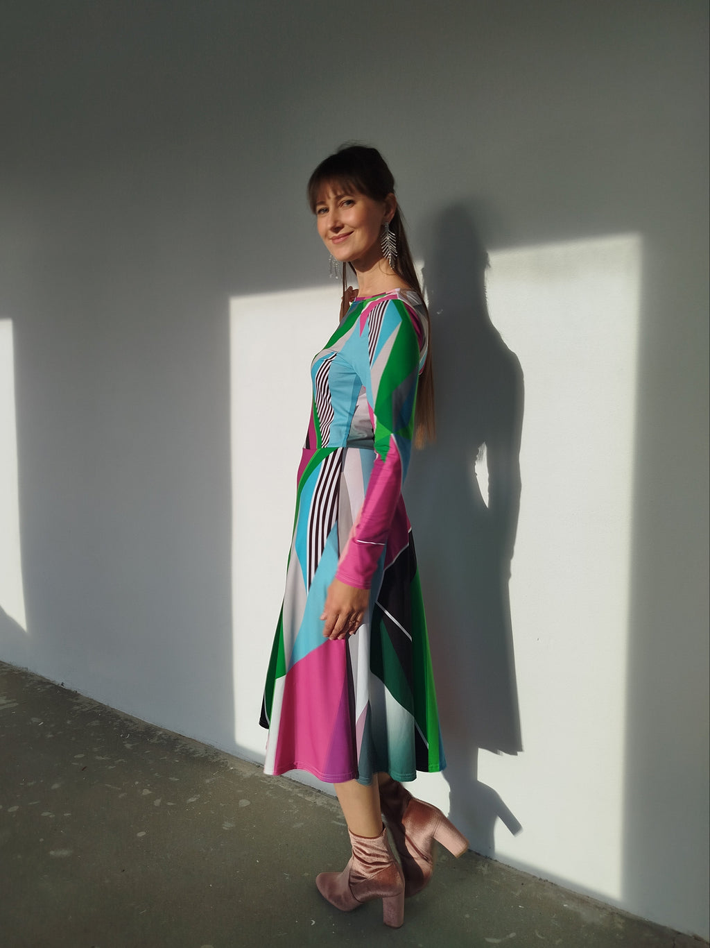 Green Geometric Dress | Multicolored long sleeve midi dress with pockets | Colorful Party Dress