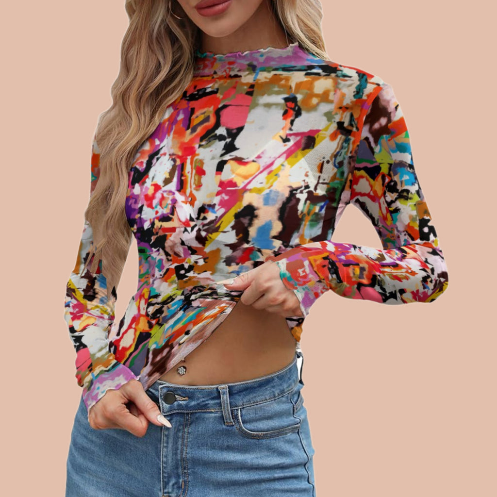 Women's Artistic Mesh Top | Colorful All-Over Print Blouse