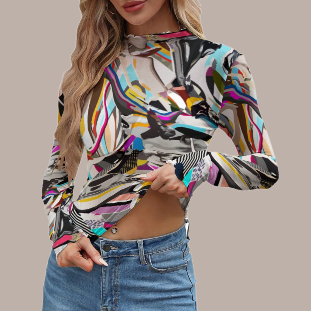 Wavy Abstract Mesh Top | Women's Colorful Sheer Blouse