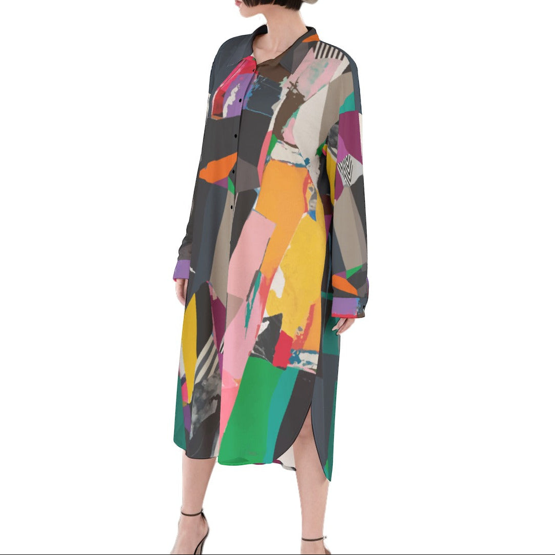 Woman wearing a colorful abstract patterned dress on a white background