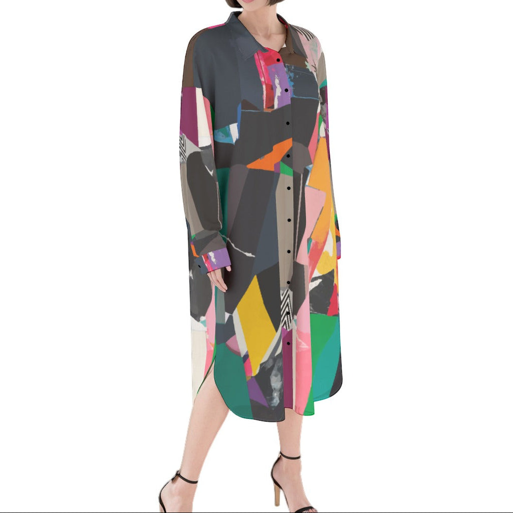 Women's Long Shirt Dress | Button Down Shirt Dress colorful | Artistic Abstract Dress