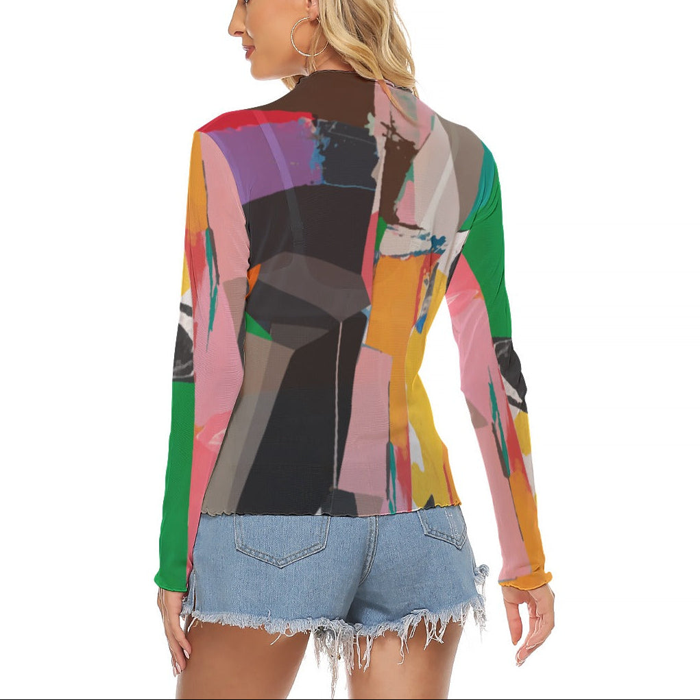 Woman wearing a colorful abstract patterned cardigan on a white background