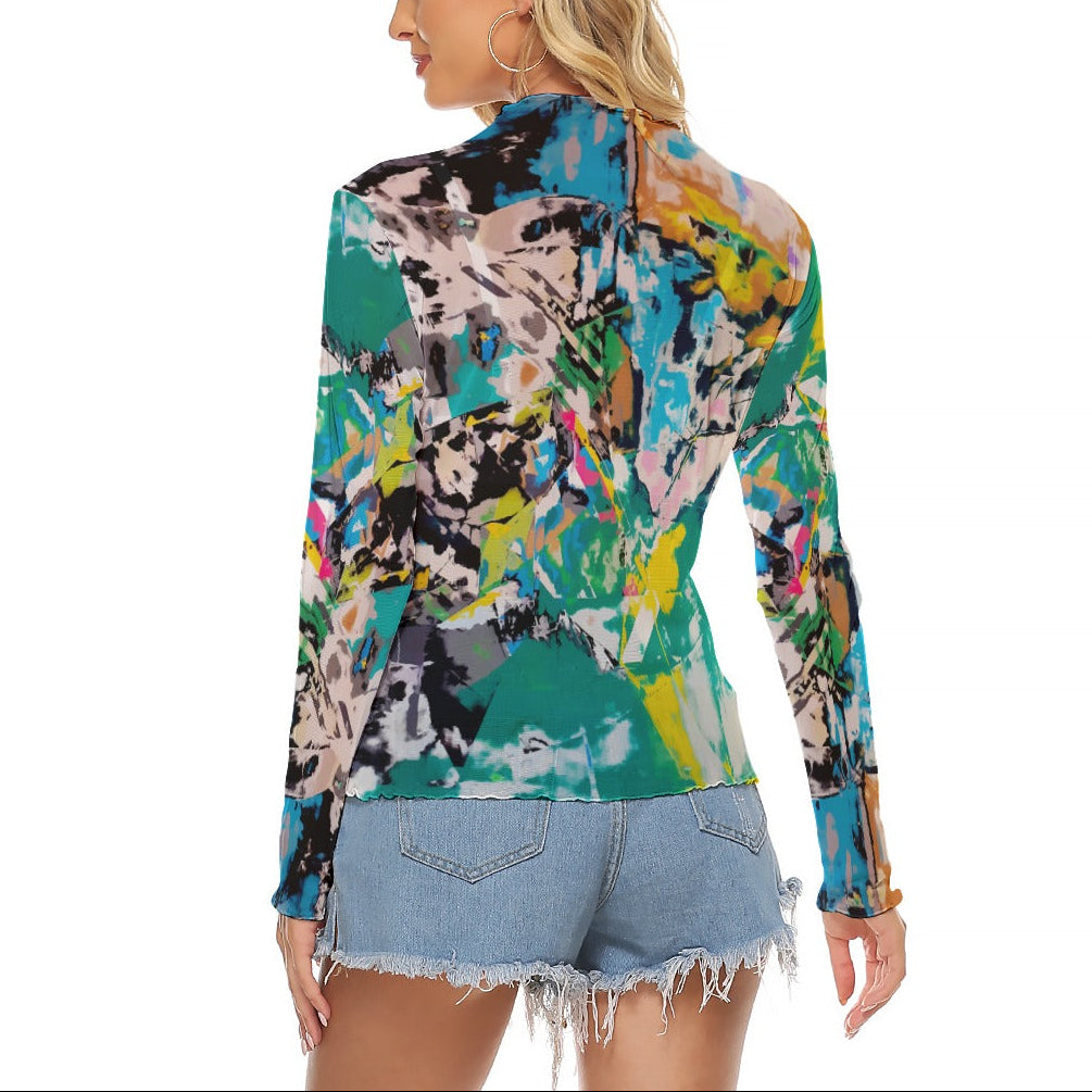Abstract Art Sheer Mesh Top - See Through Transparent Blouse