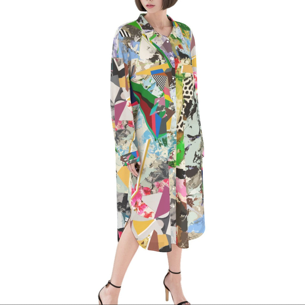 Flowing Shirt Dress | Abstract Print Dress | Rayon Shirt Dress