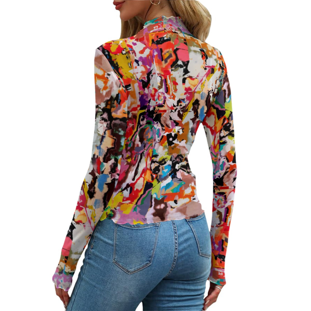Women's Artistic Mesh Top | Colorful All-Over Print Blouse