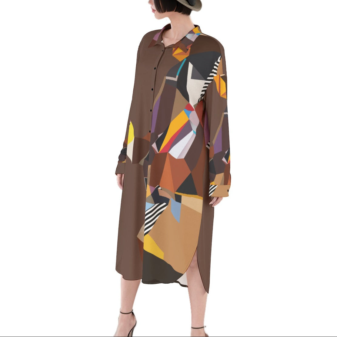 Brown Abstract Print Shirt Dress | Button Down Shirt Dress | Women's Summer Dress