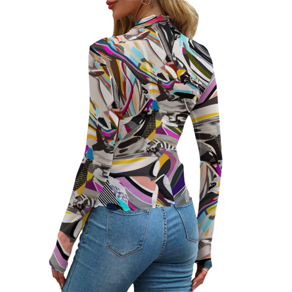 Wavy Abstract Mesh Top | Women's Colorful Sheer Blouse