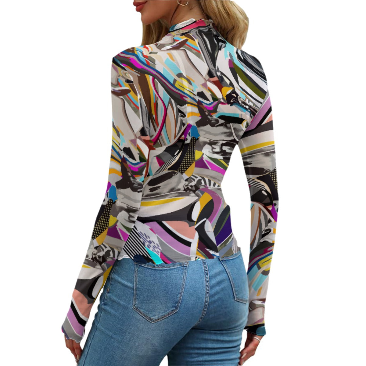 Wavy Abstract Mesh Top | Women's Colorful Sheer Blouse