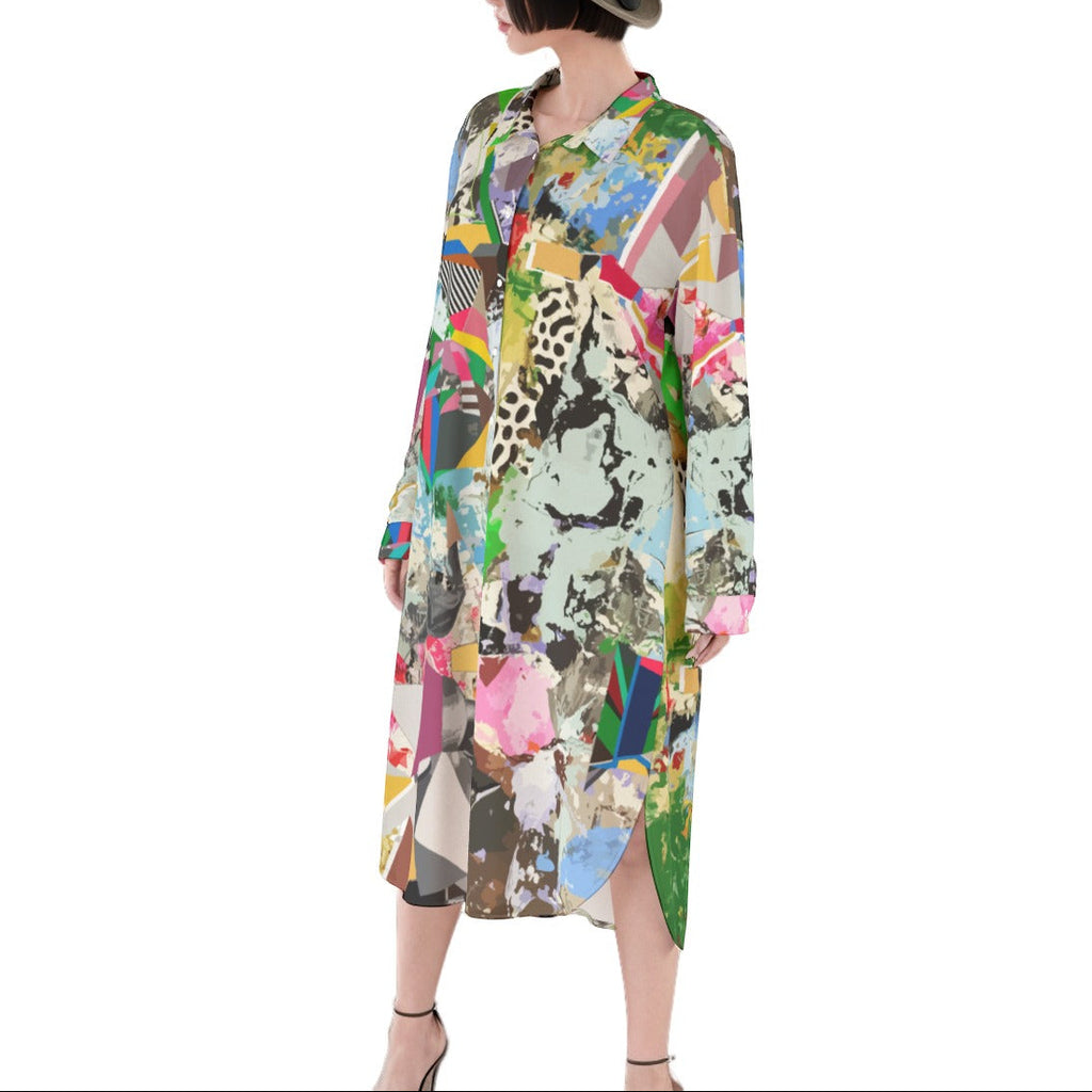 Person wearing a colorful patterned dress on a white background