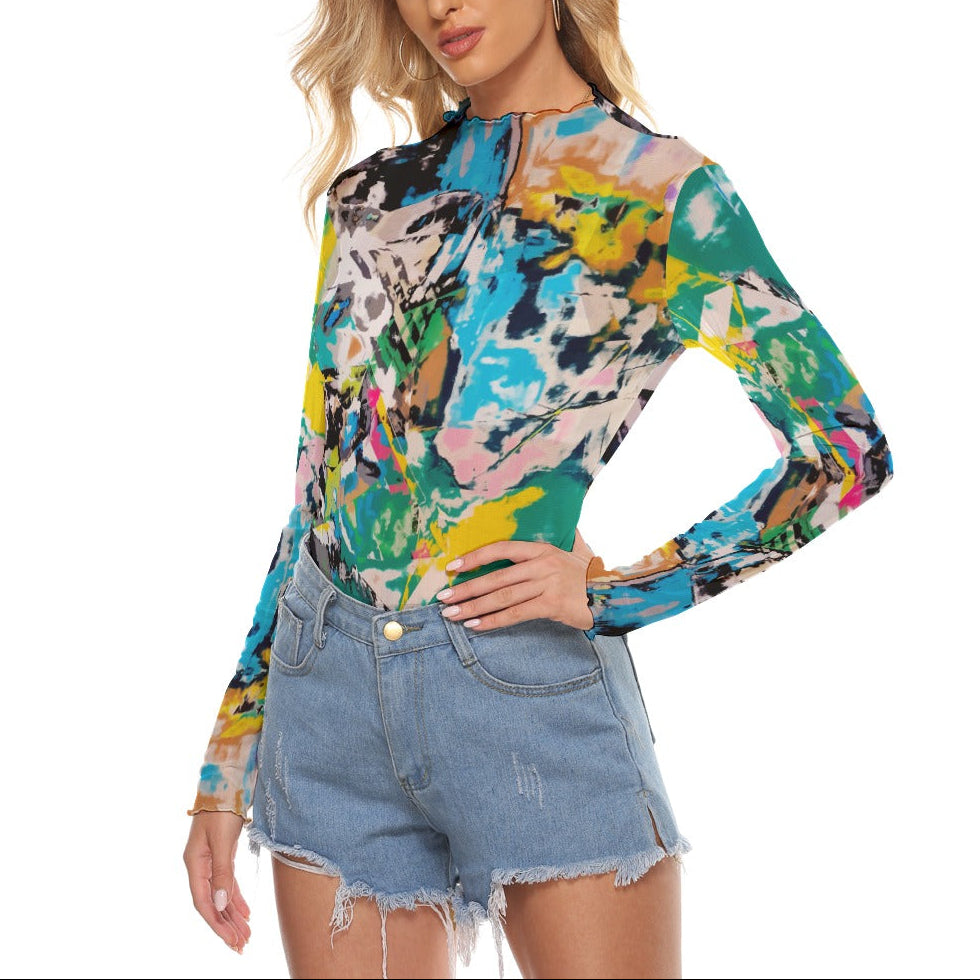 Abstract Art Sheer Mesh Top - See Through Transparent Blouse