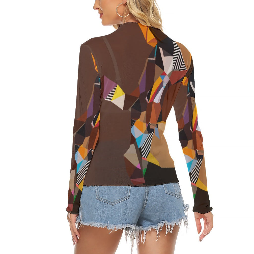 Brown Abstract Sheer Mesh Top - Artist Design Long Sleeve Shirt