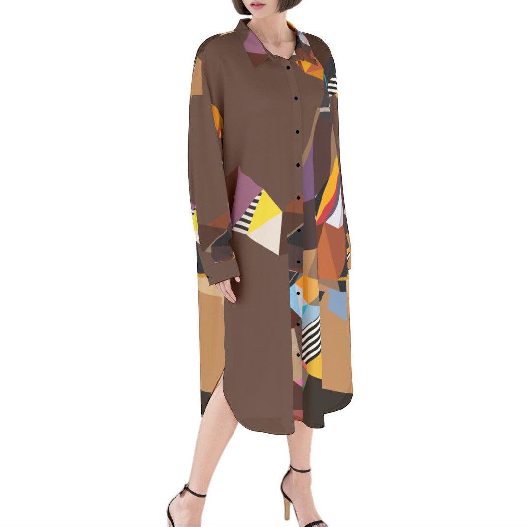 Brown Abstract Print Shirt Dress | Button Down Shirt Dress | Women's Summer Dress