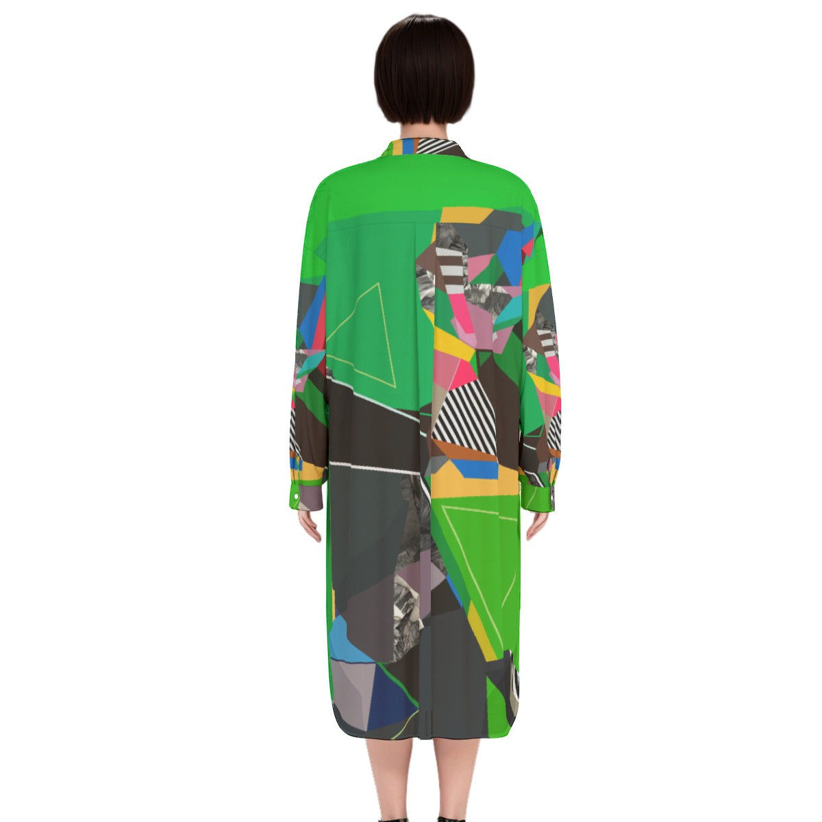Person wearing a colorful geometric patterned coat on a white background
