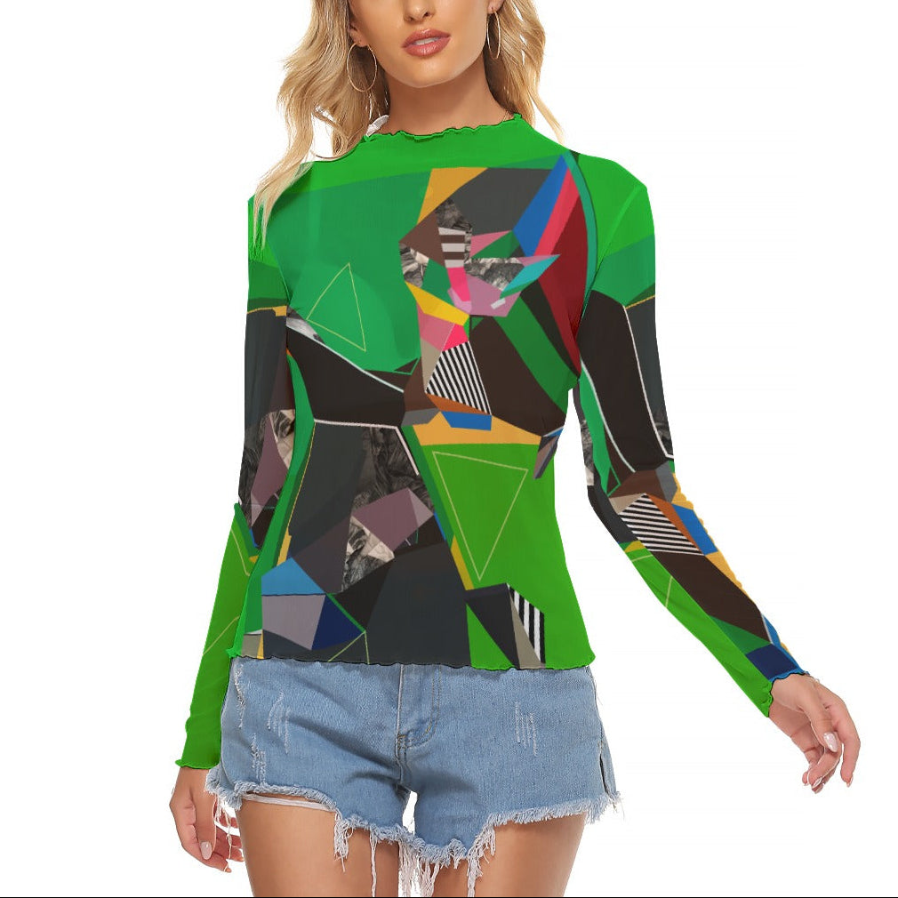 Green Sheer Mesh Top | Colorful All-Over Print Mesh Blouse for Women | Elegant Abstract Top