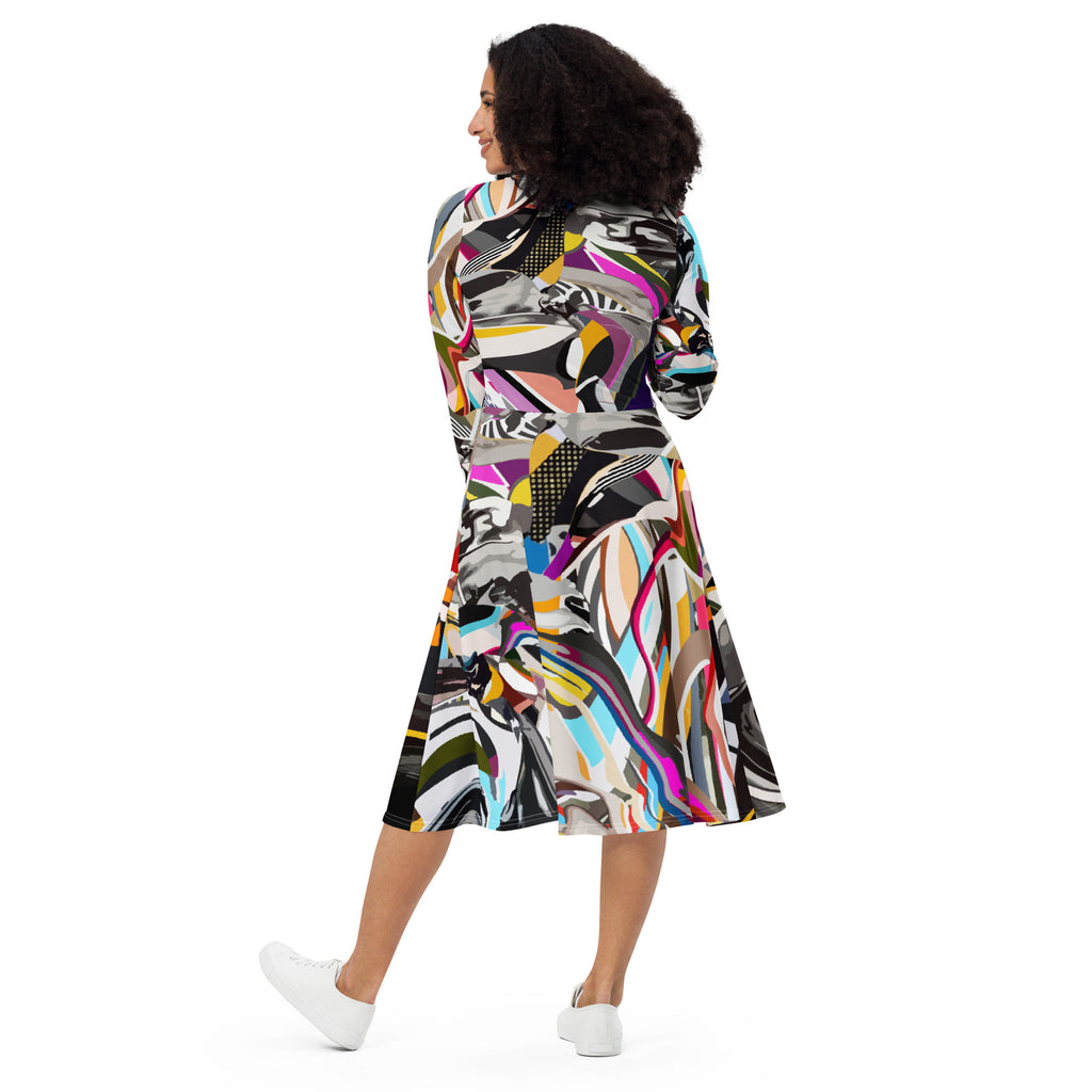 Back view of Grey abstract print midi dress featuring flowing black stripes, long sleeves and pockets, a statement piece with comfortable movement and structure.