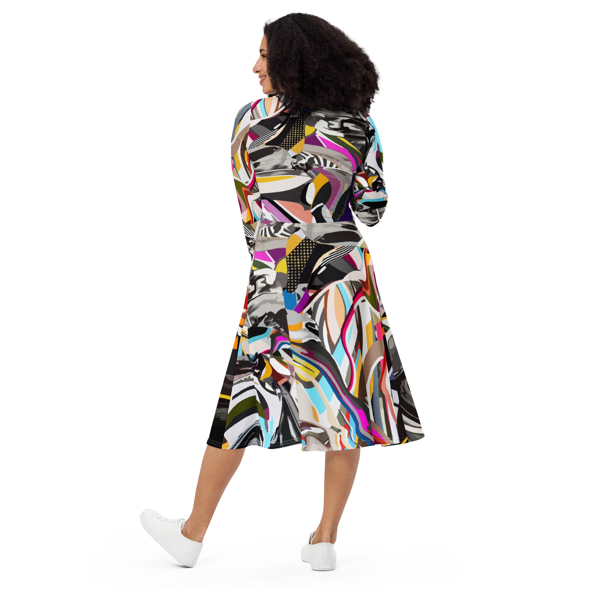 Back view of Grey abstract print midi dress featuring flowing black stripes, long sleeves and pockets, a statement piece with comfortable movement and structure.