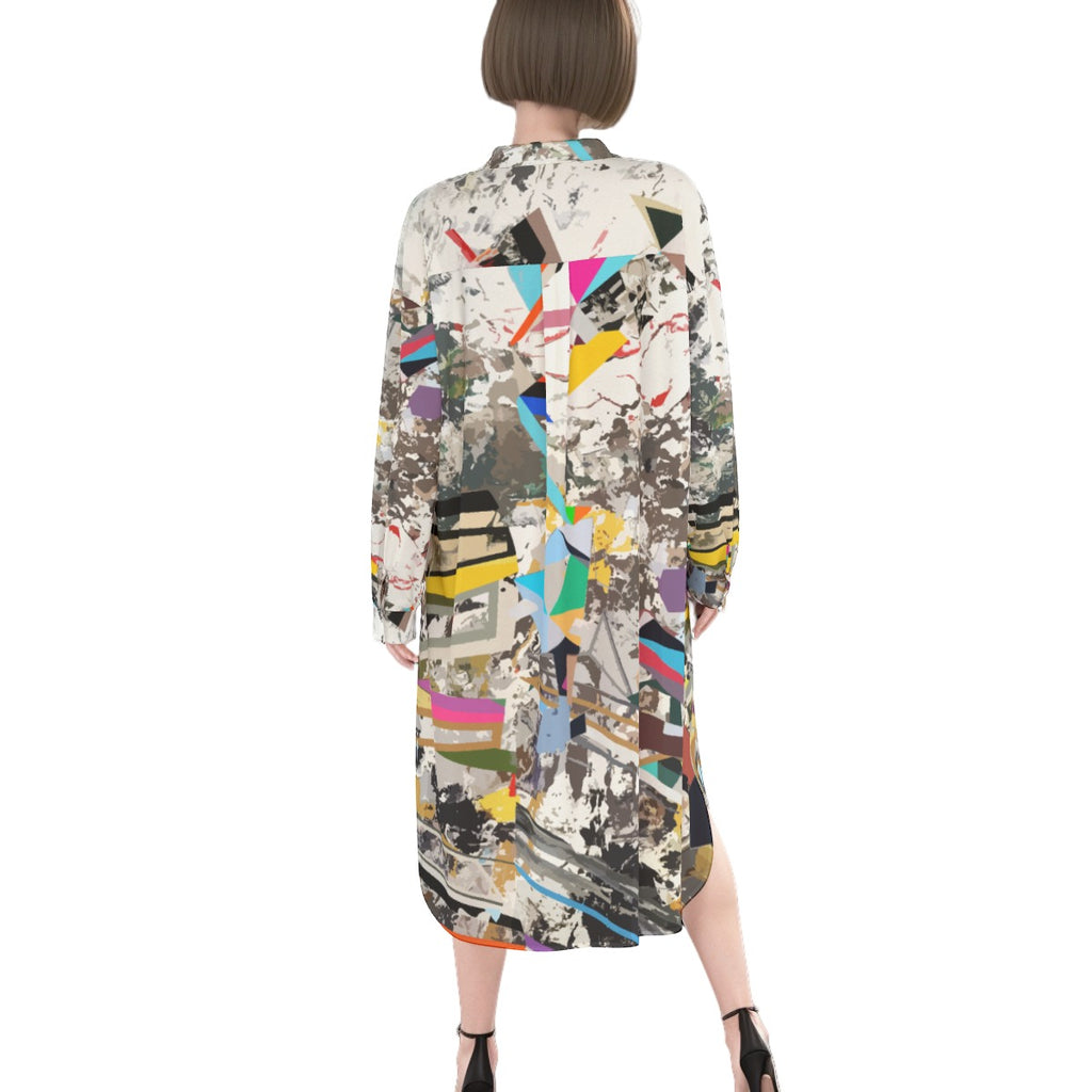 Woman wearing a colorful abstract patterned dress on a white background