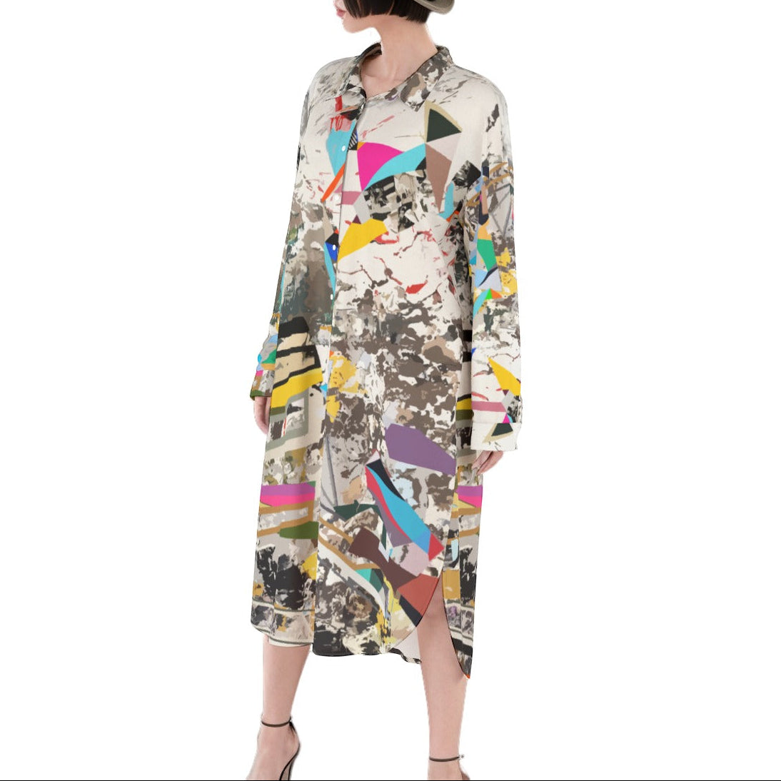Elegant women's abstract shirt dress in a modern print, combining comfort, style, and versatility for everyday fashion.