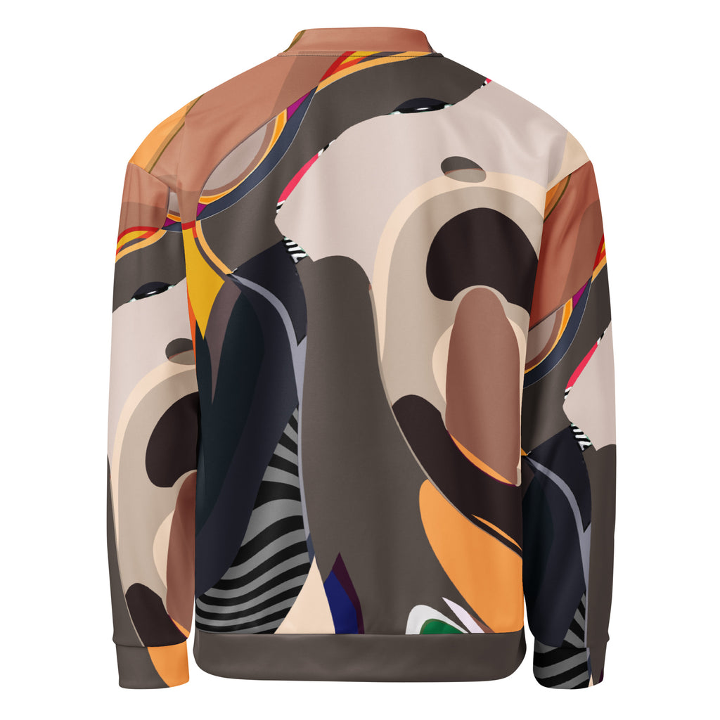 Back view of Liquid Swirl All-Over Bomber print brown bomber satin Jacket