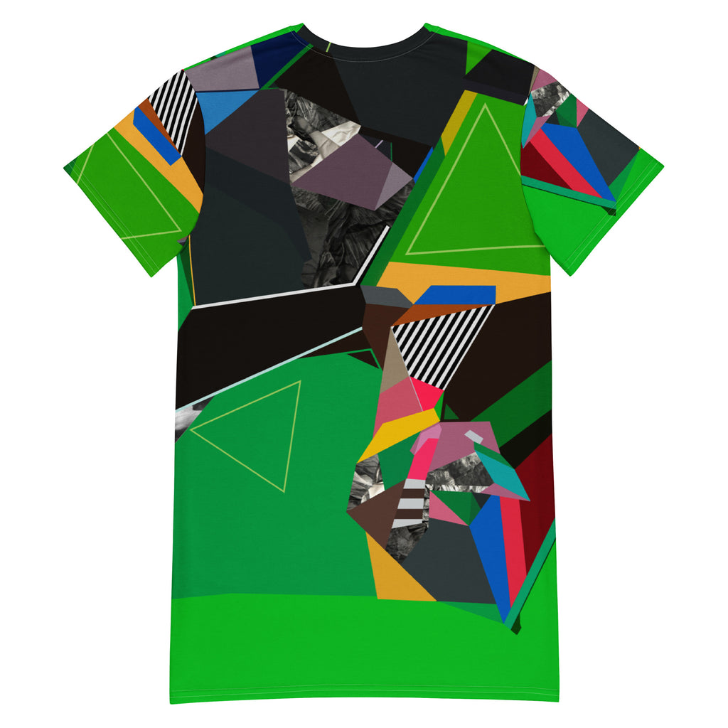 Back view flat mockup of green abstract print T-shirt dress, short sleeve modern casual women’s street style dress