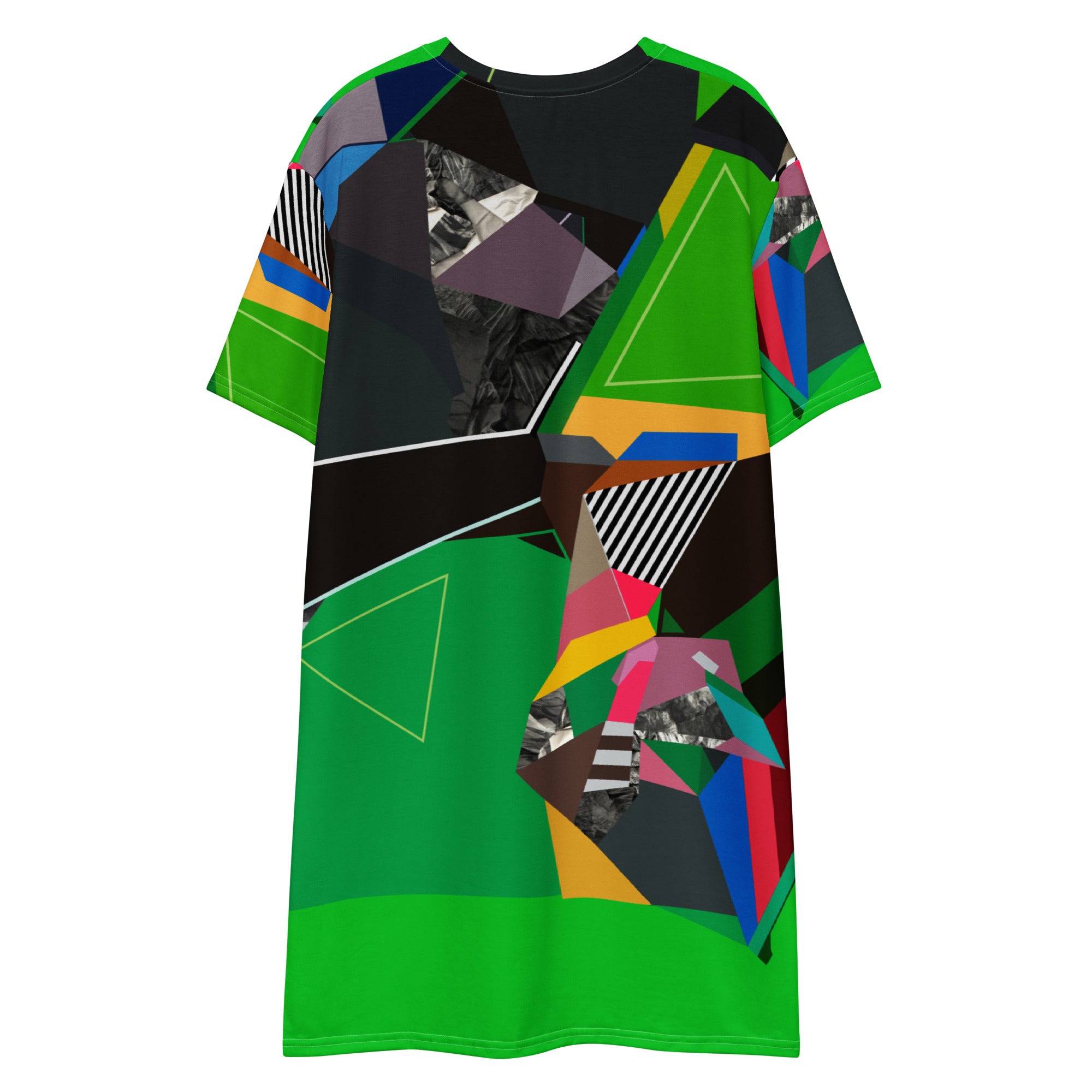 Back view flat mockup of women’s green abstract pattern T-shirt dress, modern relaxed street style outfit