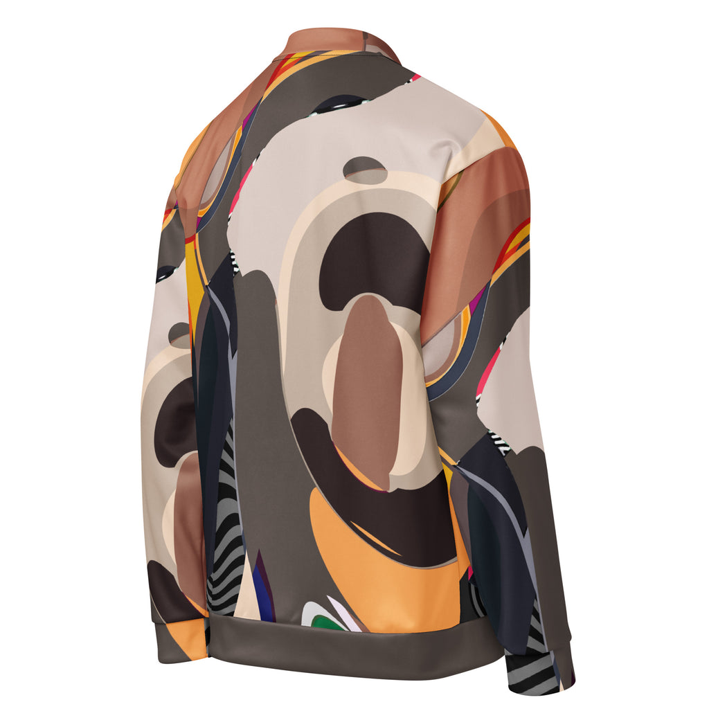 Back view of brown liquid swirl bomber jacket, modern retro artistic design for spring streetwear, parties, and creative events