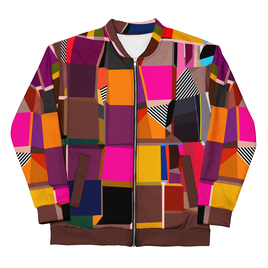 vibrant multicolor purple and brown print bomber jacket, perfect spring festival, concert, party, and statement outfit