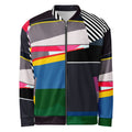 Colorful Artistic Bomber Style Jacket, Multicolor Blue Green Black Grey Pink color Jacket, Unisex Streetwear Jacket with black and white stripes.