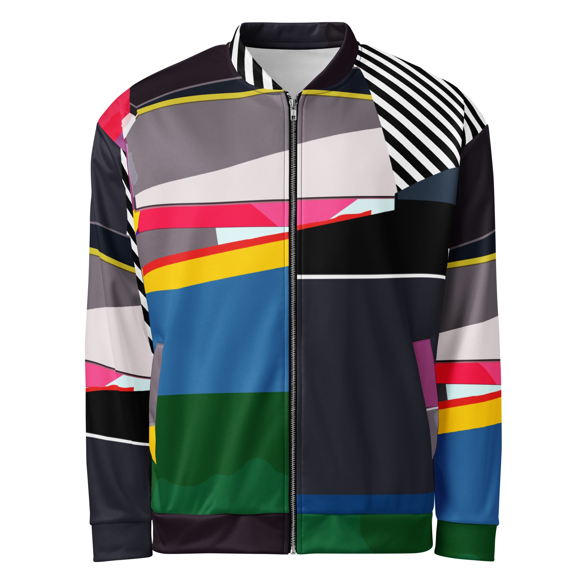 Colorful Artistic Bomber Style Jacket, Multicolor Blue Green Black Grey Pink color Jacket, Unisex Streetwear Jacket with black and white stripes.
