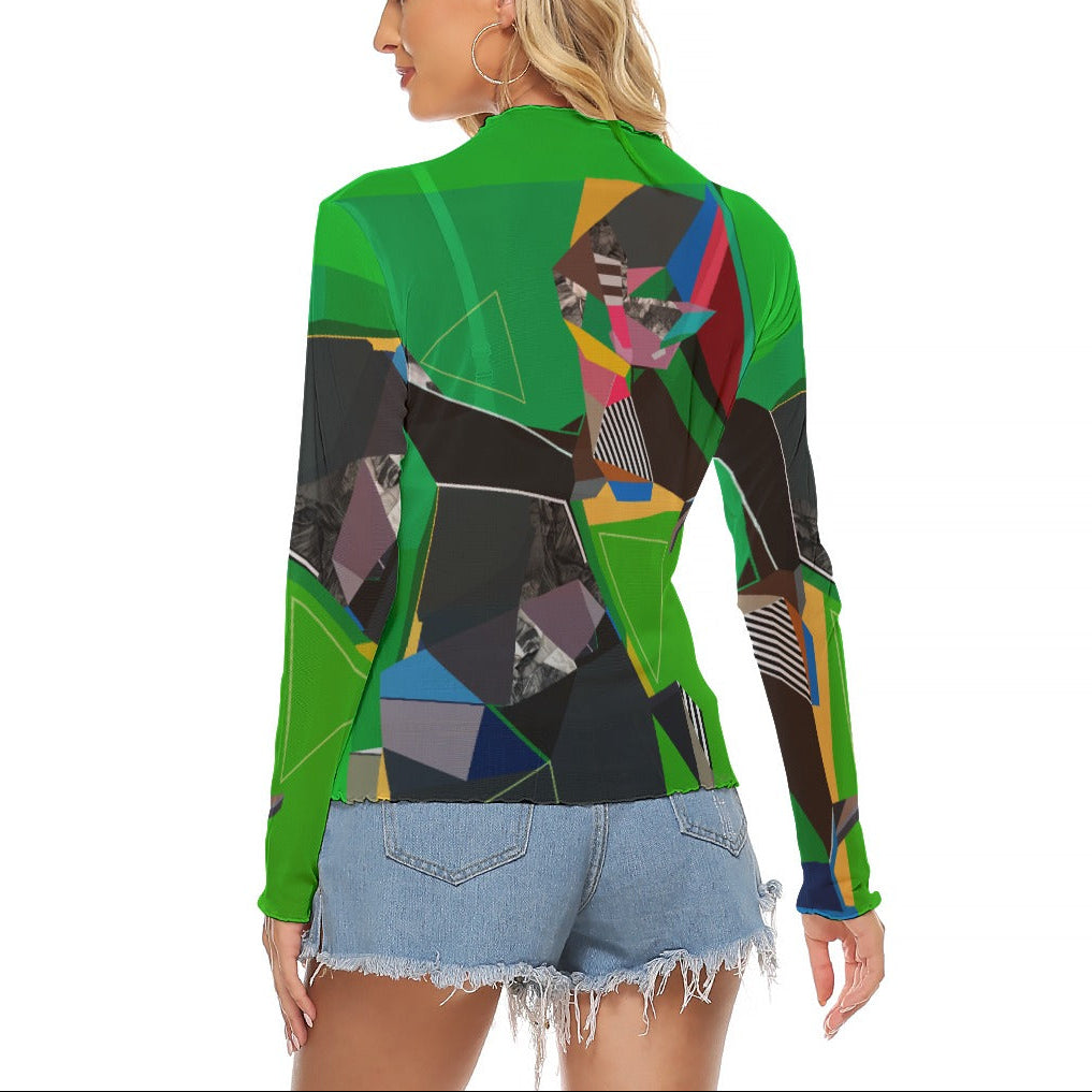 Woman wearing a colorful geometric-patterned jacket on a white background