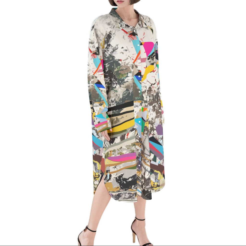 Woman wearing a colorful patterned dress on a white background