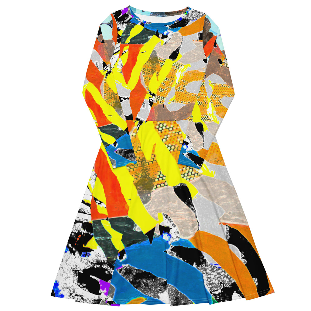 Colorful Wavy Print Dress in orange, yellow, blue, beige colors. 