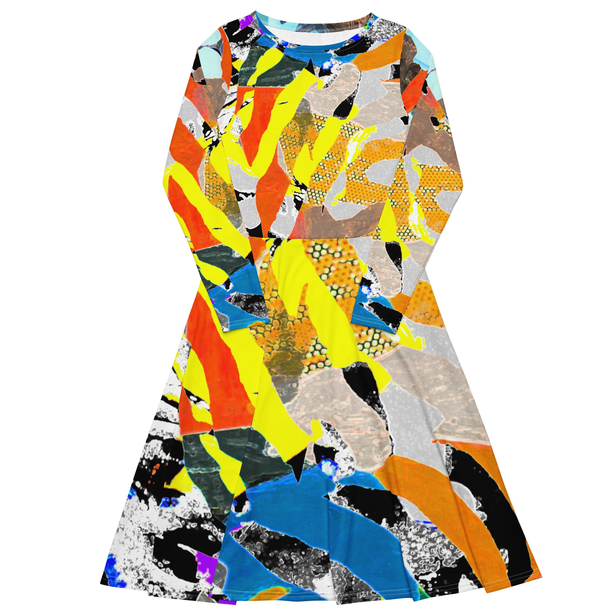 Colorful Wavy Print Dress in orange, yellow, blue, beige colors. 