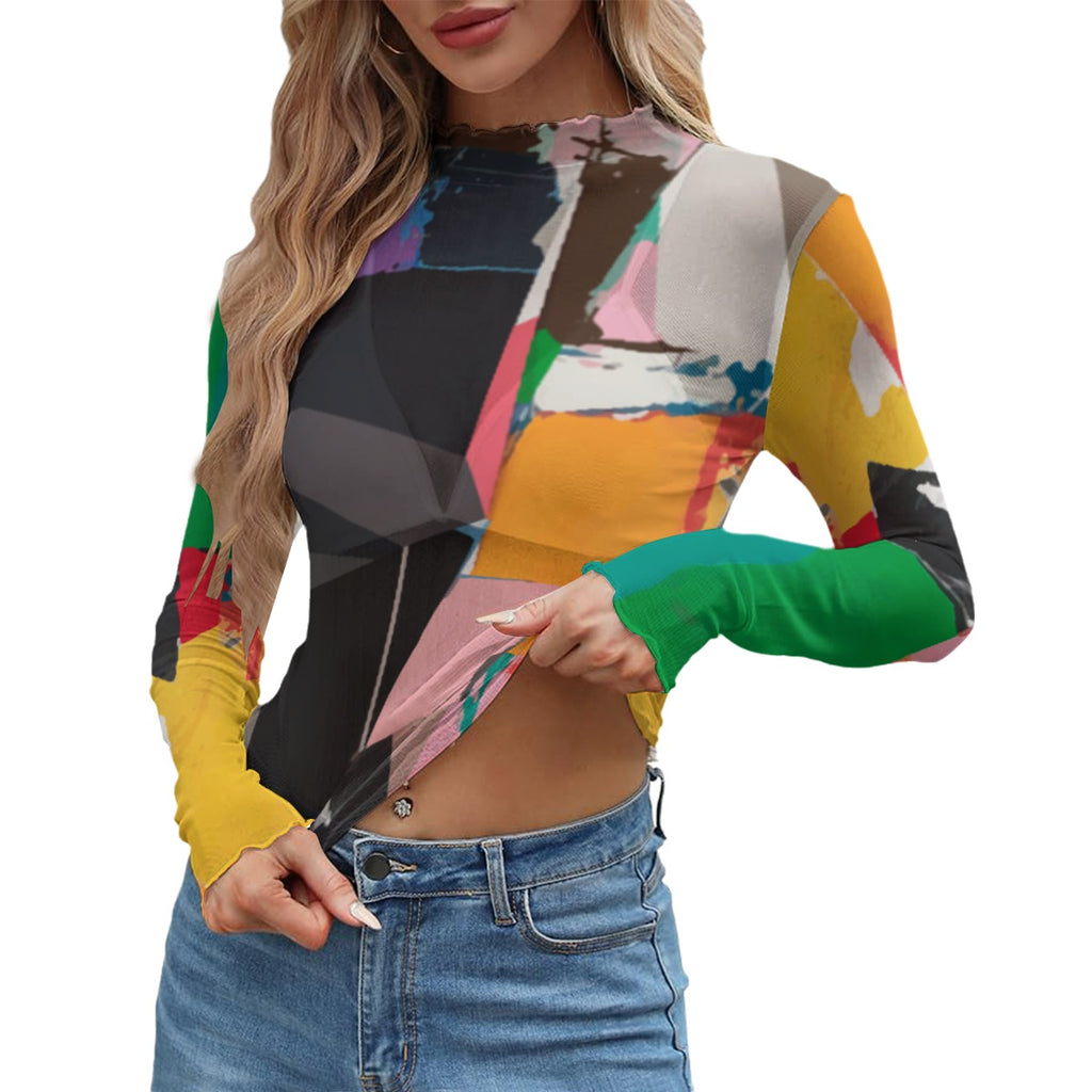 Colorful abstract-patterned top worn by a model on a white background