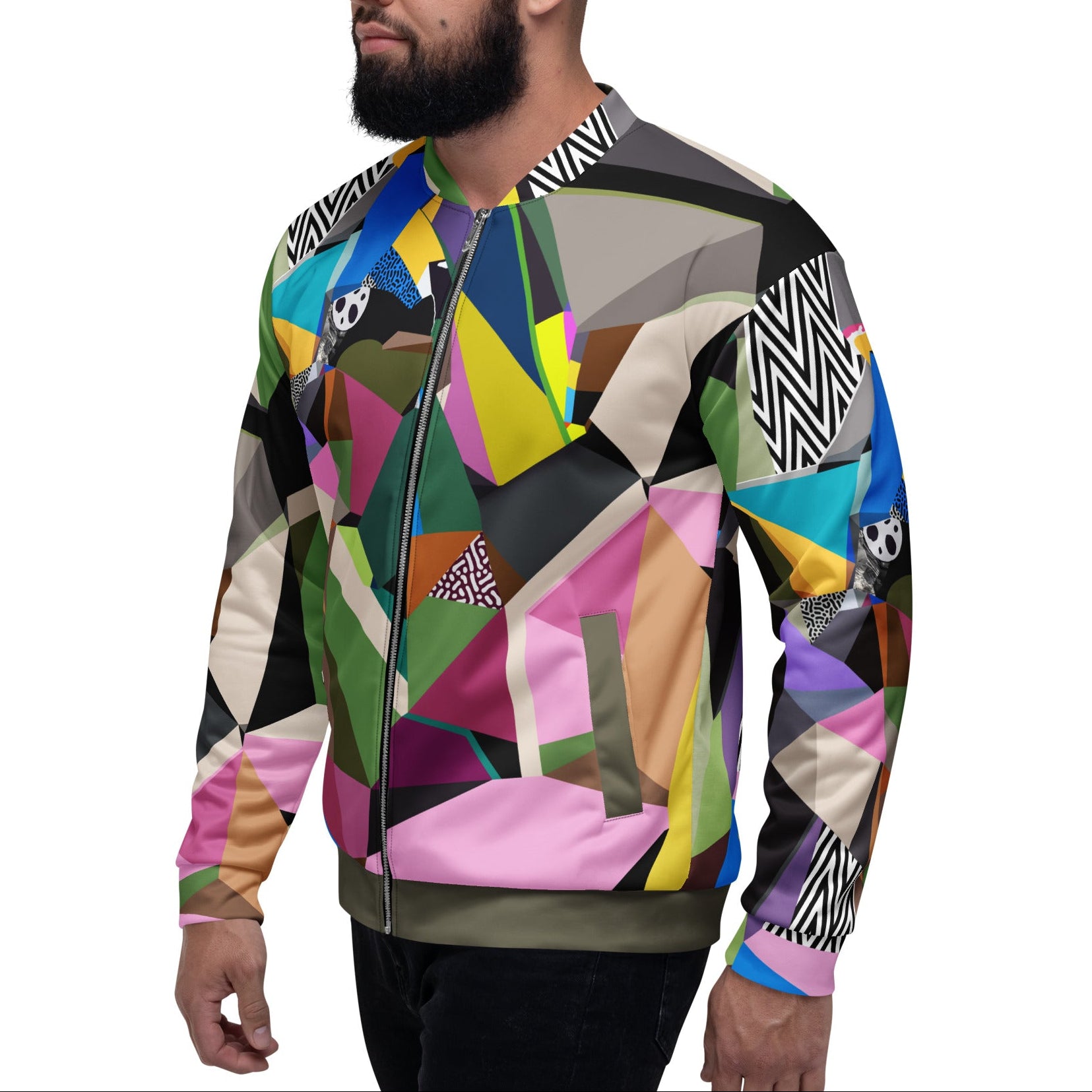 Man wears colorful geometric unique print bomber jacket in spring. Dopamine dressing.