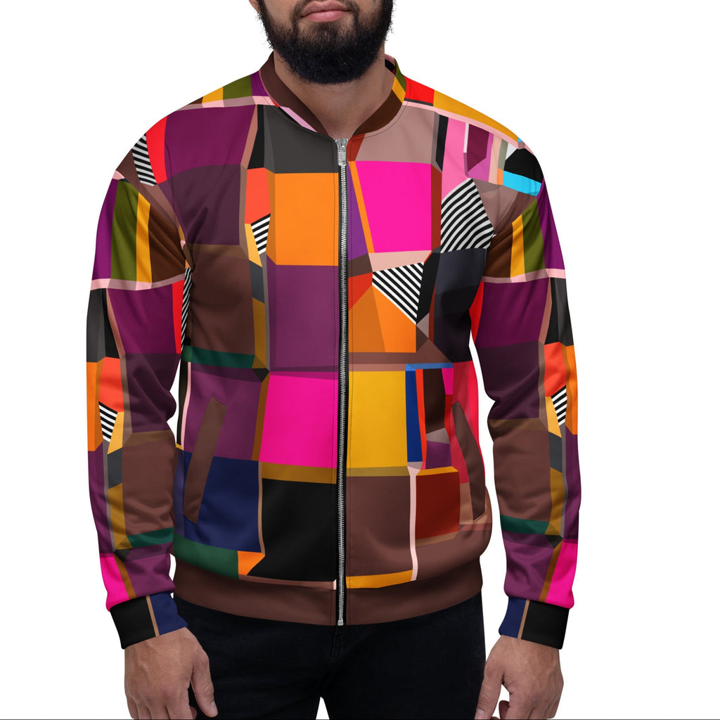 Stylish confident man wearing colorful multicolored purple and brown bold print artistic bomber jacket, spring statement jacket for festivals, parties, events and French street style fashion