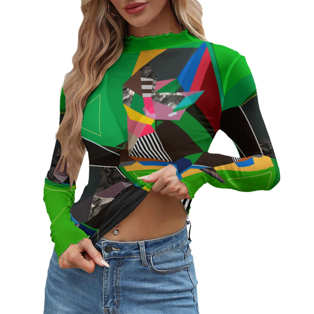 Green Abstract Sheer Mesh Top