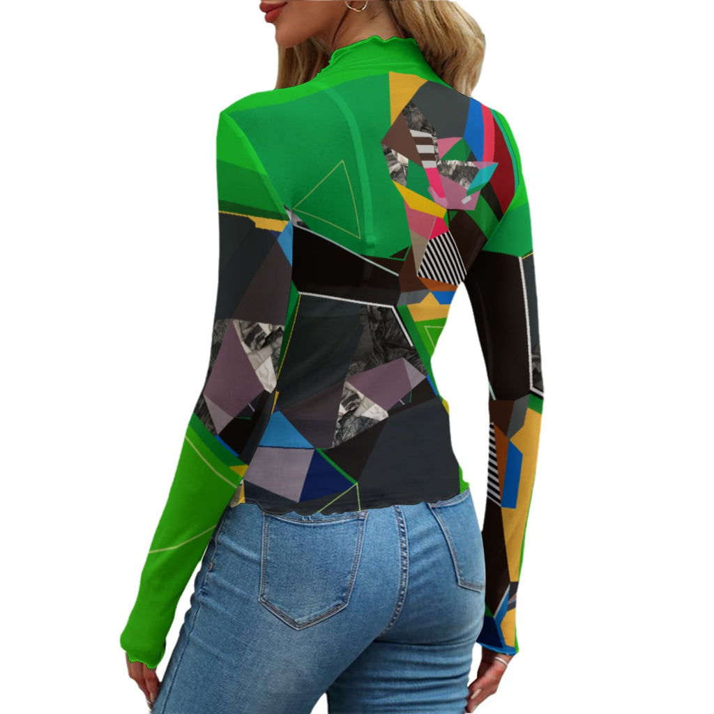 Colorful geometric-patterned jacket worn by a person on a white background