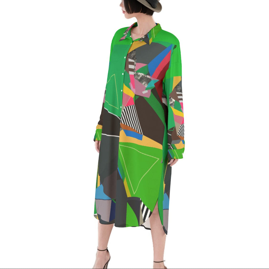 Abstract Shirt Dress Green Casual Dress Sumer Dress