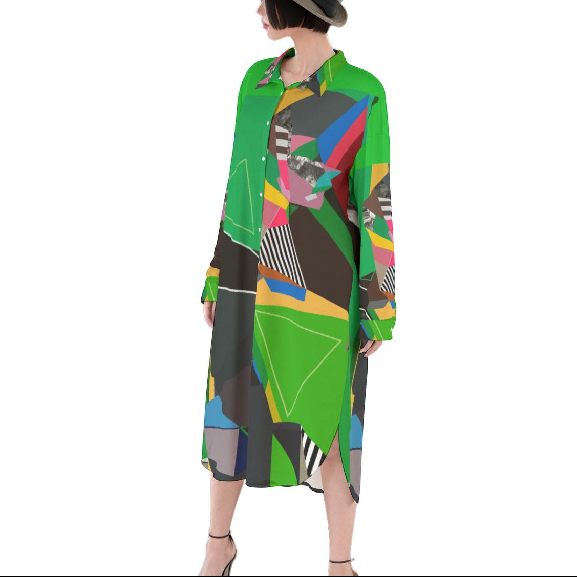 Abstract Shirt Dress Green Casual Dress Sumer Dress