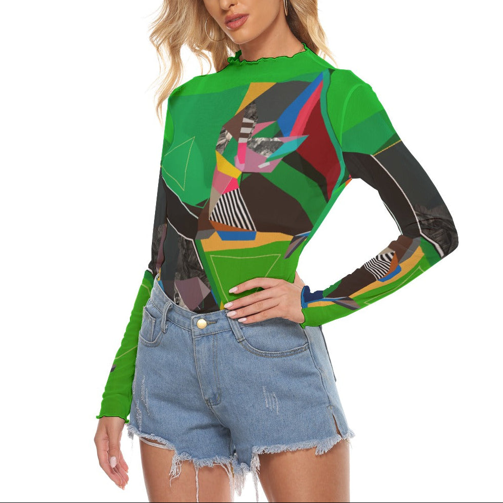 Green Sheer Mesh Top | Colorful All-Over Print Mesh Blouse for Women | Elegant Abstract Top