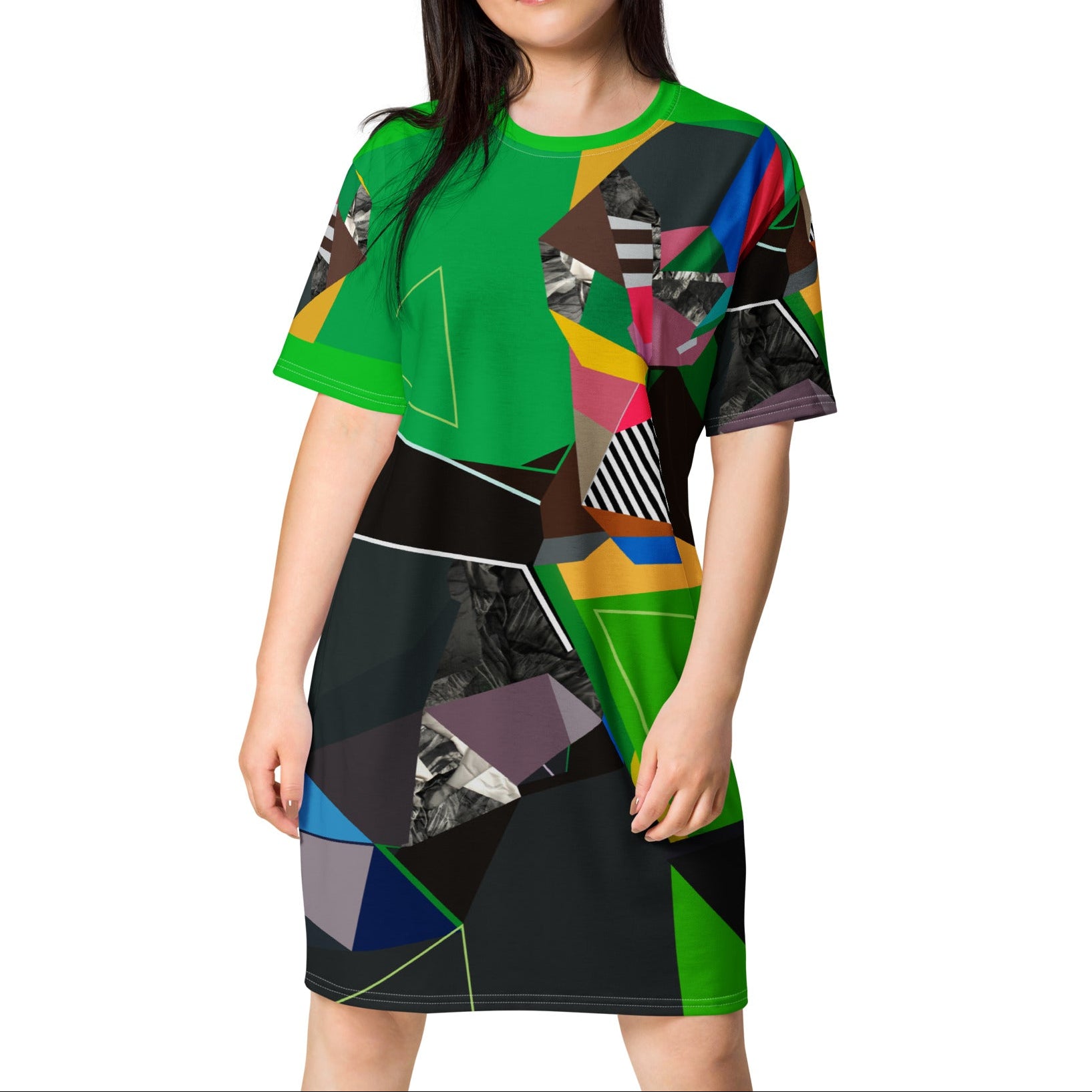 Green abstract graphic T-shirt dress for women, short sleeve modern casual dress, street style summer outfit, relaxed fit comfy fashion piece