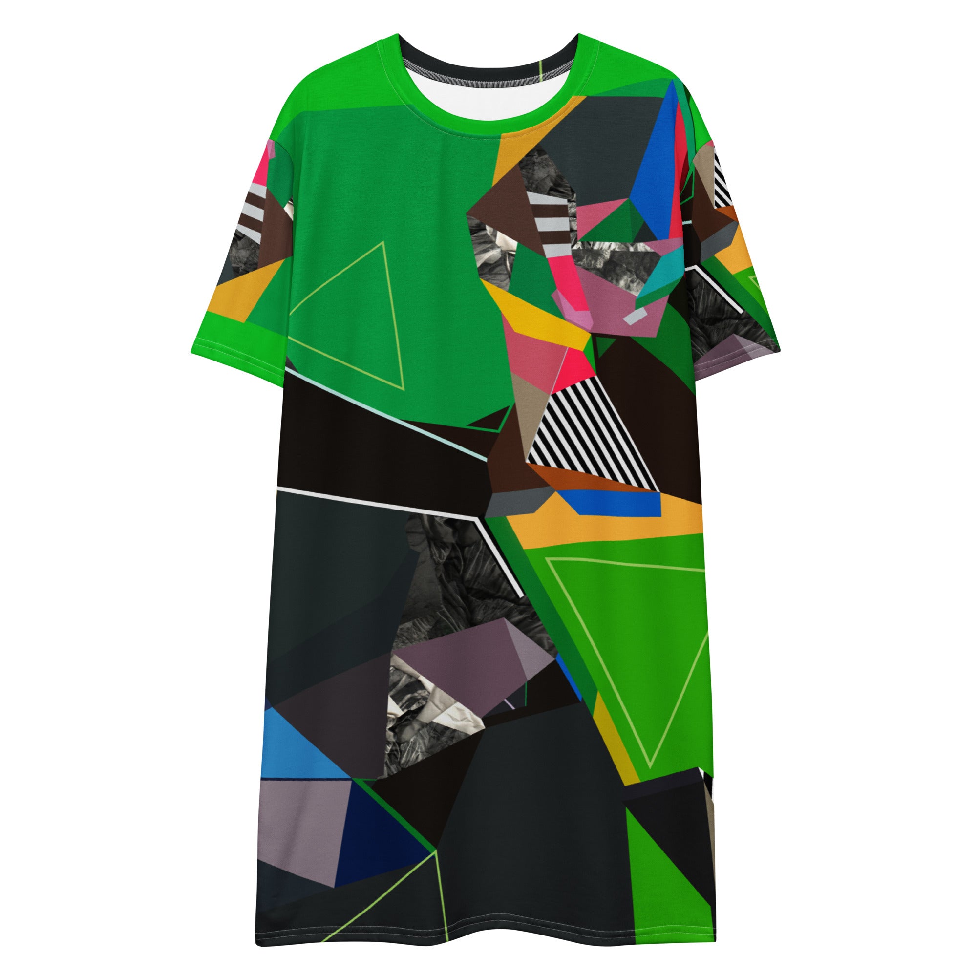 Green abstract print T-shirt dress with short sleeves, modern casual street style outfit, relaxed fit graphic tee dress for women, trendy everyday summer fashion