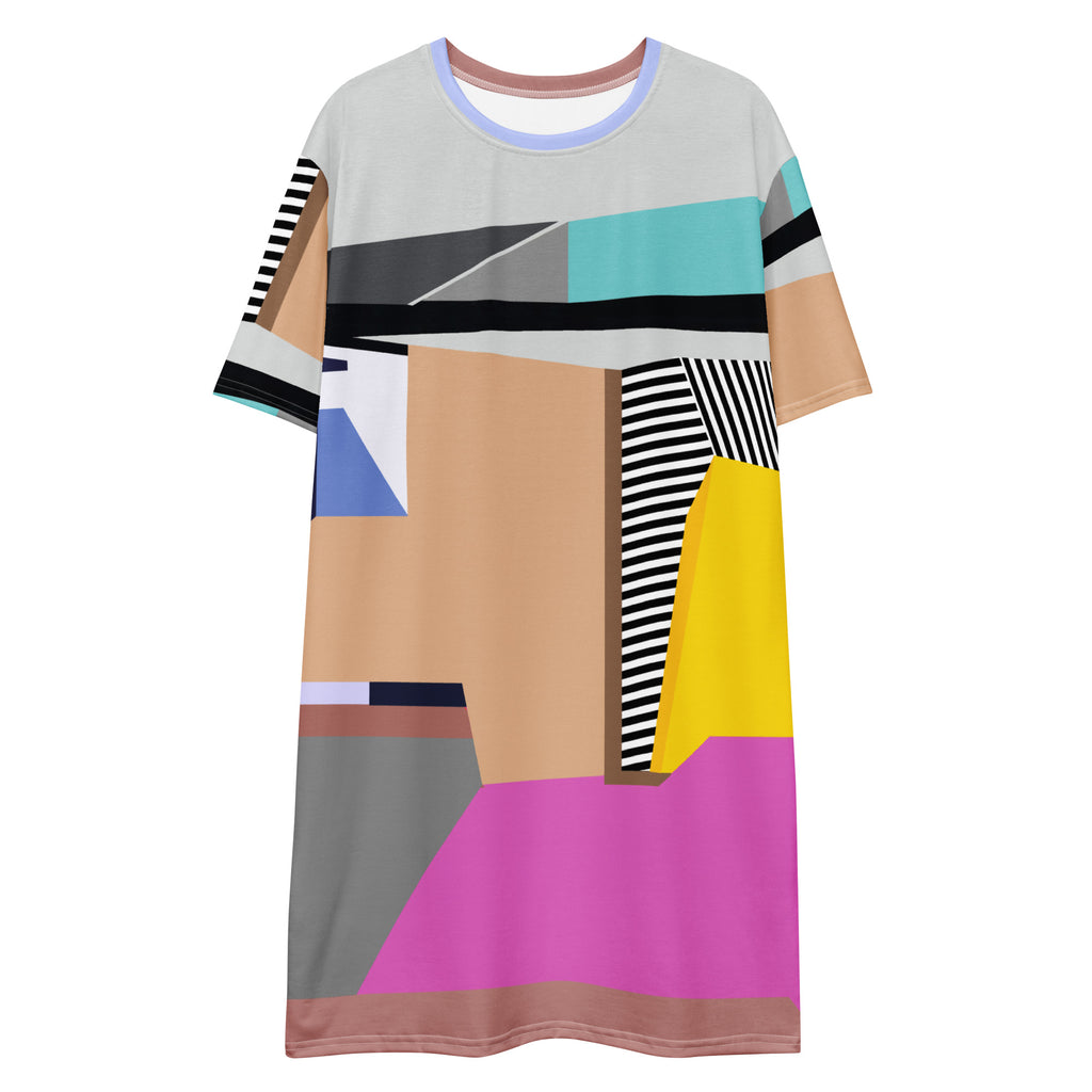 Flat lay of colorful pink striped colorblock t-shirt dress for women, casual party outfit, perfect for garden parties and birthday celebrations