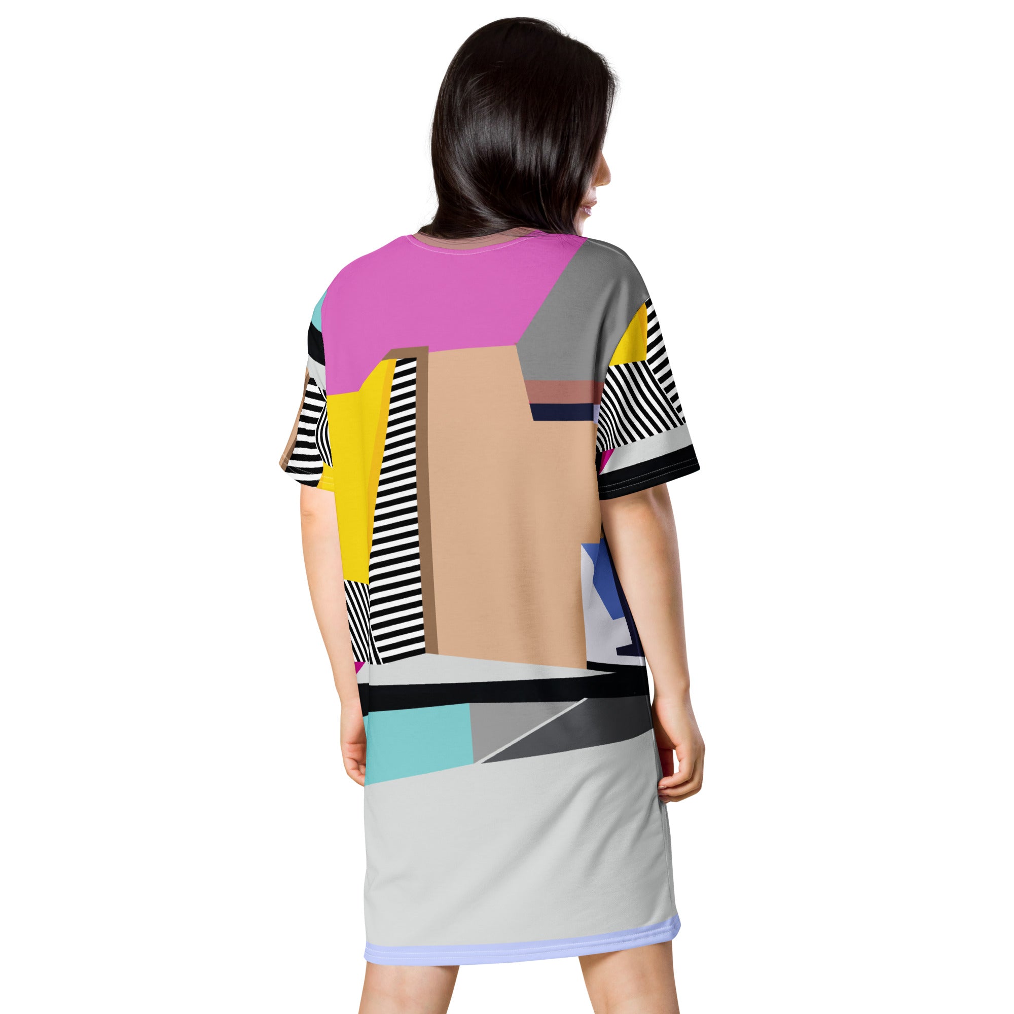 Back view of colorful pink colorblock t-shirt dress with stripes for women, stylish casual outfit for parties, garden parties, birthdays, and events