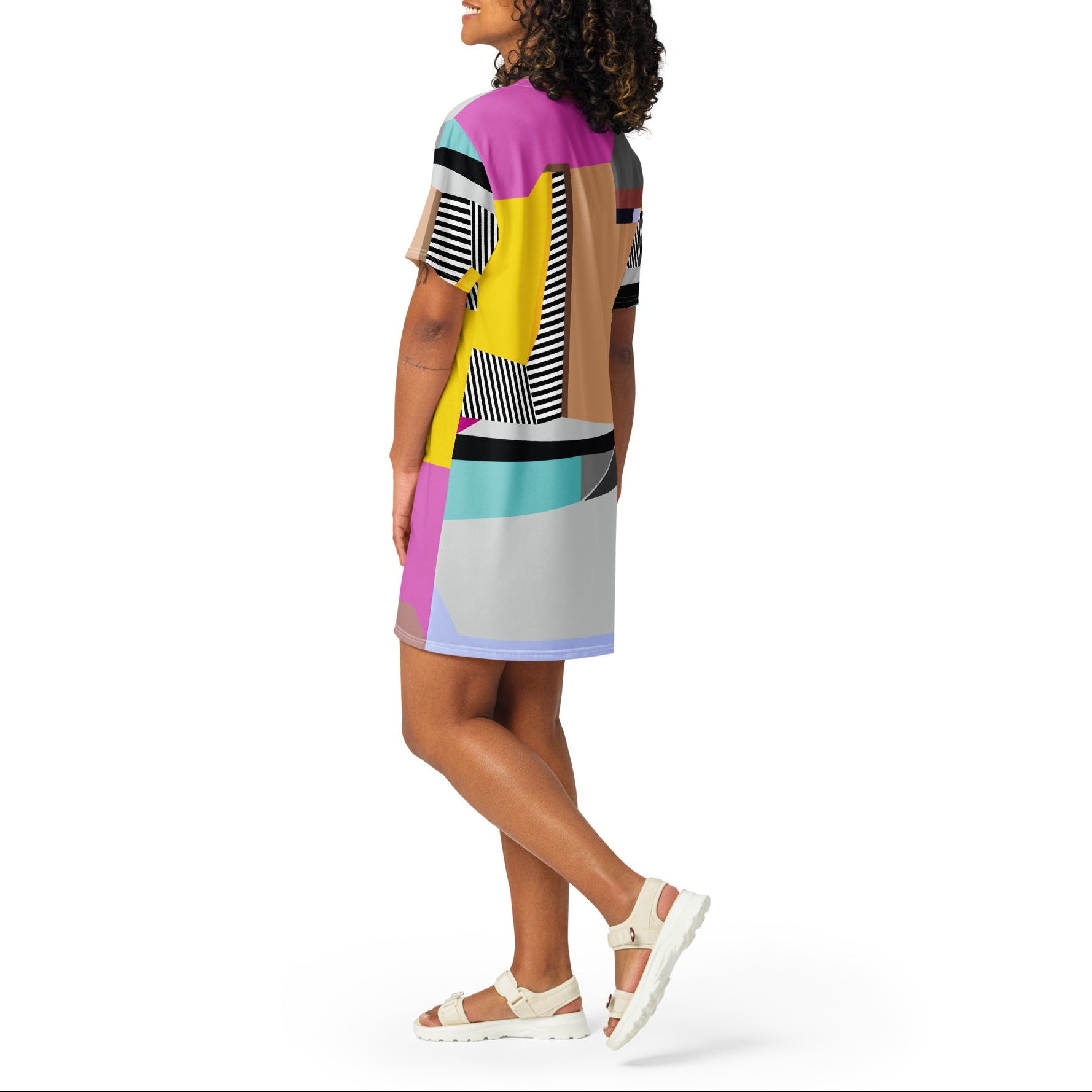 Side view of colorful colorblock pink t-shirt dress with striped details, casual yet stylish outfit for birthdays, events, and gatherings